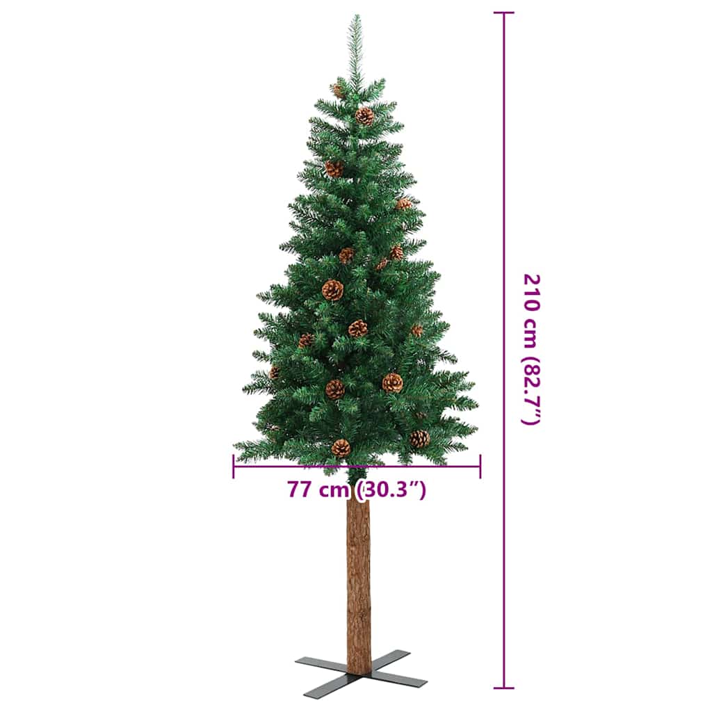 Kerstboom met echt hout en dennenappels smal 210 cm PVC groen is nu te koop bij PeponiXL, paradijselijk wonen!