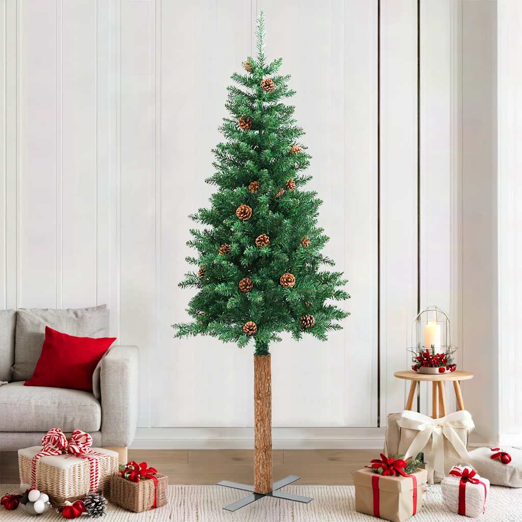 Kerstboom met echt hout en dennenappels smal 210 cm PVC groen is nu te koop bij PeponiXL, paradijselijk wonen!