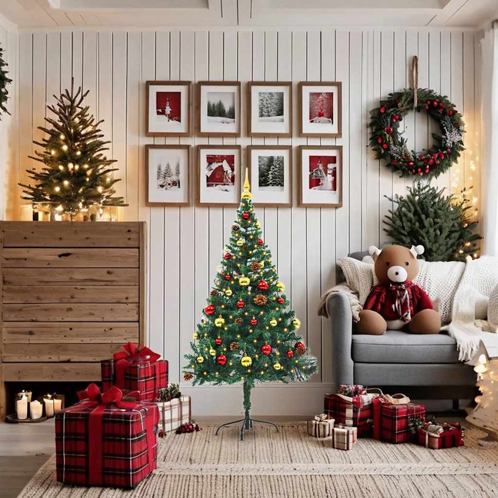 Kunstkerstboom met verlichting en kerstballen 150 cm groen is nu te koop bij PeponiXL, paradijselijk wonen!