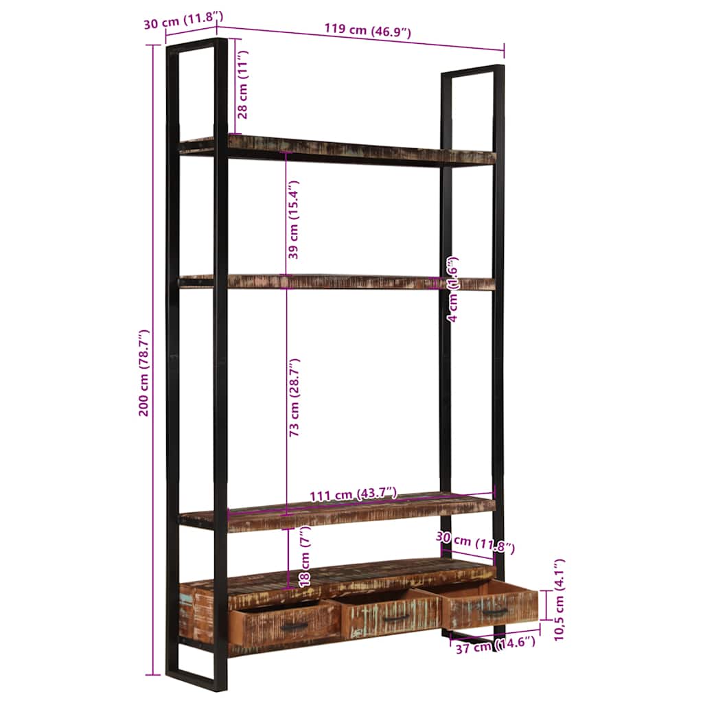 Boekenkast 118x30x200 cm massief gerecycled hout