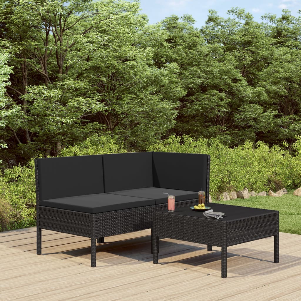 3-delige Loungeset met kussens poly rattan zwart is nu te koop bij PeponiXL, paradijselijk wonen!