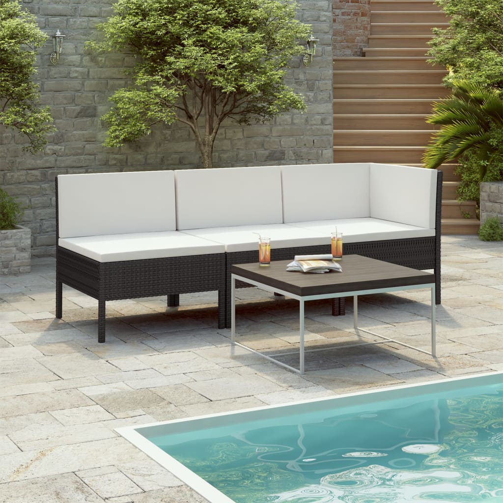 3-delige Loungeset met kussens poly rattan zwart is nu te koop bij PeponiXL, paradijselijk wonen!