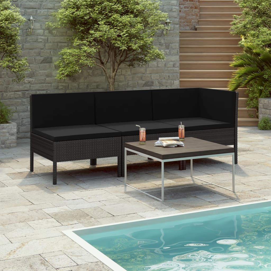 3-delige Loungeset met kussens poly rattan zwart is nu te koop bij PeponiXL, paradijselijk wonen!