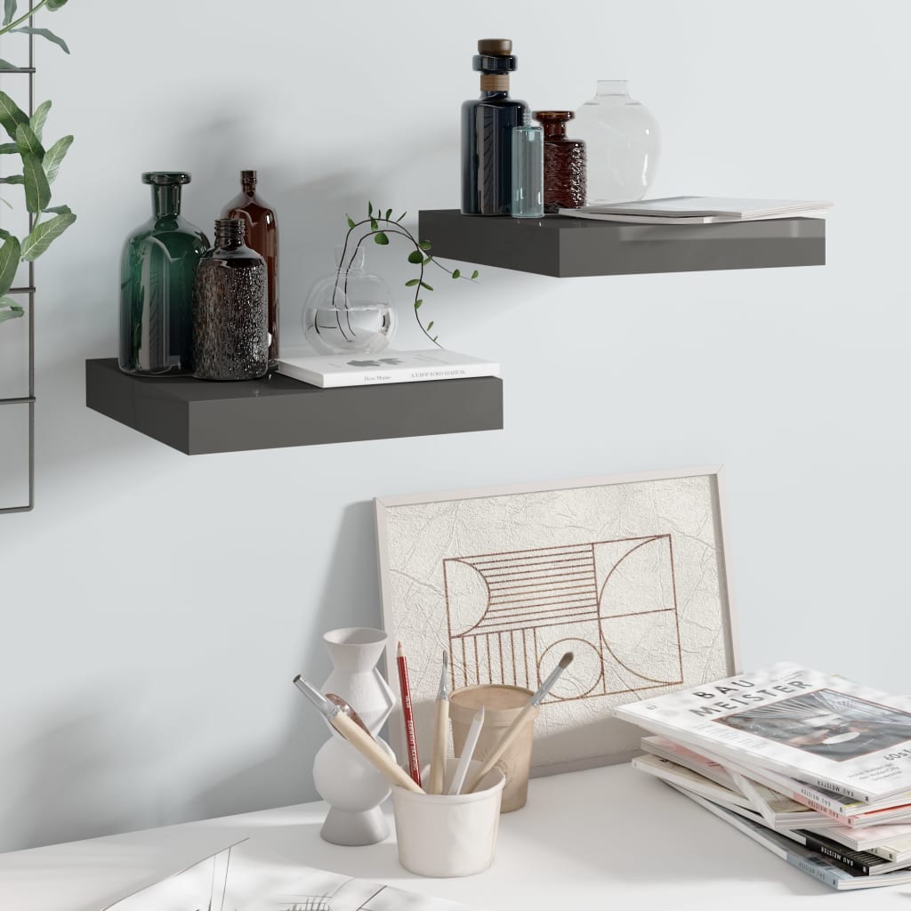 Wandschappen zwevend 2 st 23x23,5x3,8 cm MDF hoogglans grijs is nu te koop bij PeponiXL, paradijselijk wonen!