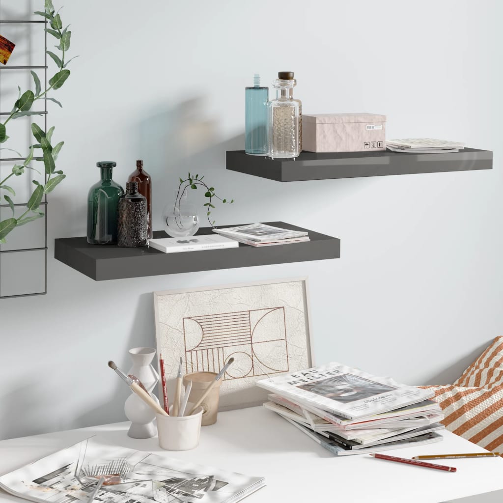 Wandschappen zwevend 2 st 50x23x3,8 cm MDF hoogglans grijs is nu te koop bij PeponiXL, paradijselijk wonen!