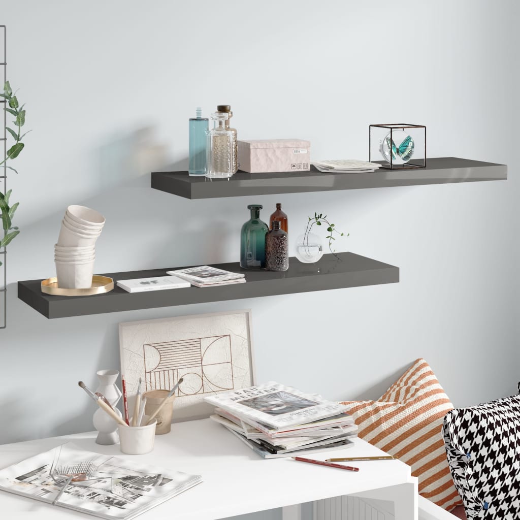 Wandschappen zwevend 2 st 90x23,5x3,8 cm MDF hoogglans grijs is nu te koop bij PeponiXL, paradijselijk wonen!