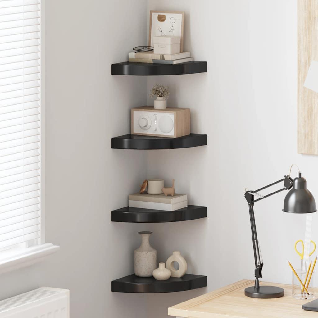 Hoekschappen zwevend 4 st 25x25x3,8 cm MDF hoogglans zwart is nu te koop bij PeponiXL, paradijselijk wonen!