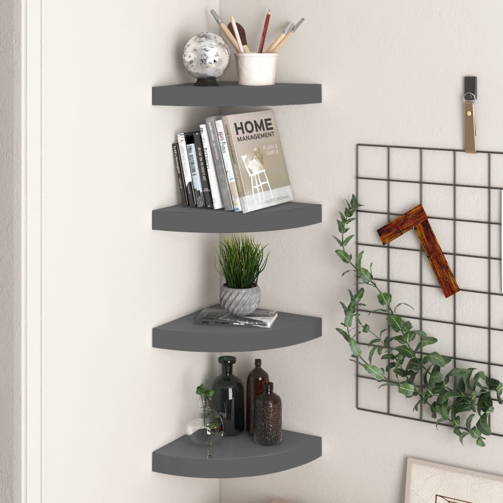 Hoekschappen zwevend 4 st 25x25x3,8 cm MDF hoogglans grijs is nu te koop bij PeponiXL, paradijselijk wonen!