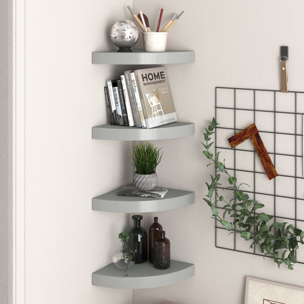Hoekschappen zwevend 4 st 25x25x3,8 cm MDF grijs is nu te koop bij PeponiXL, paradijselijk wonen!