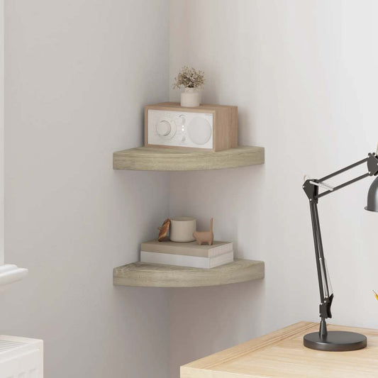 Hoekschappen zwevend 2 st 25x25x3,8 cm MDF eikenkleurig is nu te koop bij PeponiXL, paradijselijk wonen!