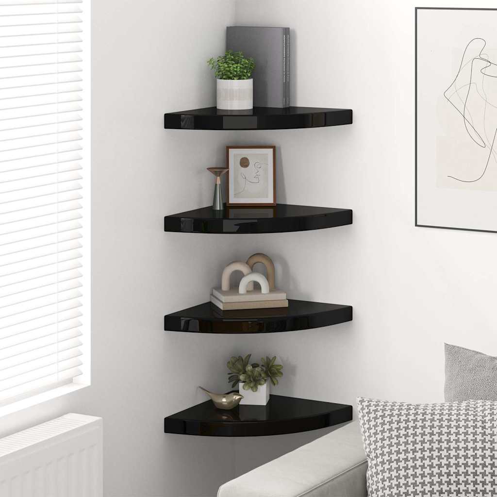 Hoekschappen zwevend 4 st 35x35x3,8 cm MDF hoogglans zwart is nu te koop bij PeponiXL, paradijselijk wonen!