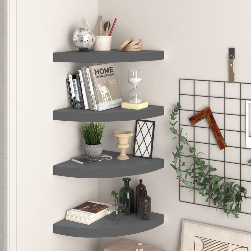 Hoekschappen zwevend 4 st 35x35x3,8 cm MDF hoogglans grijs is nu te koop bij PeponiXL, paradijselijk wonen!