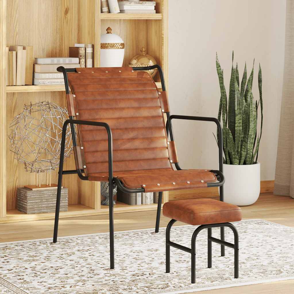 Relaxfauteuil met voetenbankje echt leer bruin is nu te koop bij PeponiXL, paradijselijk wonen!