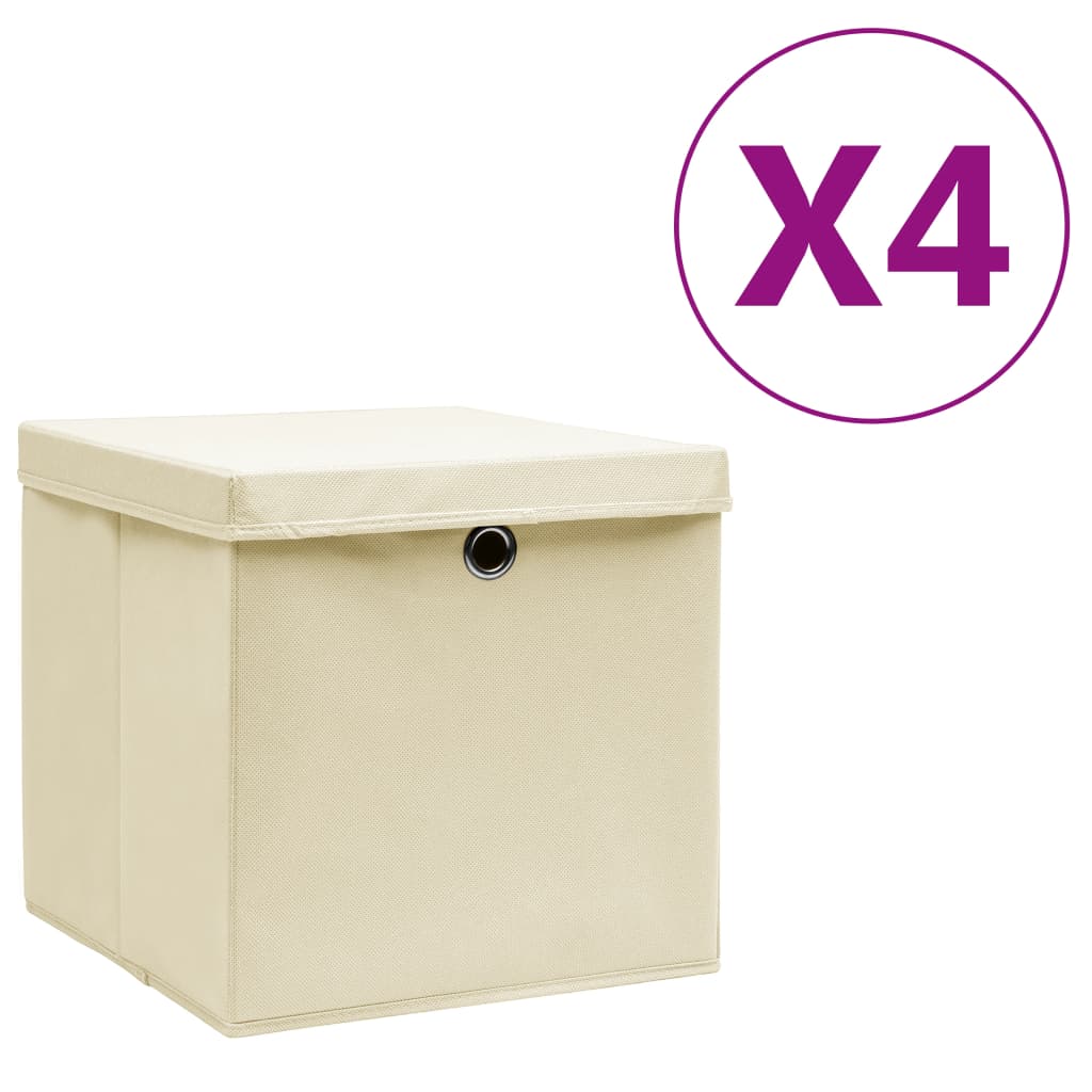 Opbergboxen met deksel 4 st 28x28x28 cm crèmekleurig is nu te koop bij PeponiXL, paradijselijk wonen!