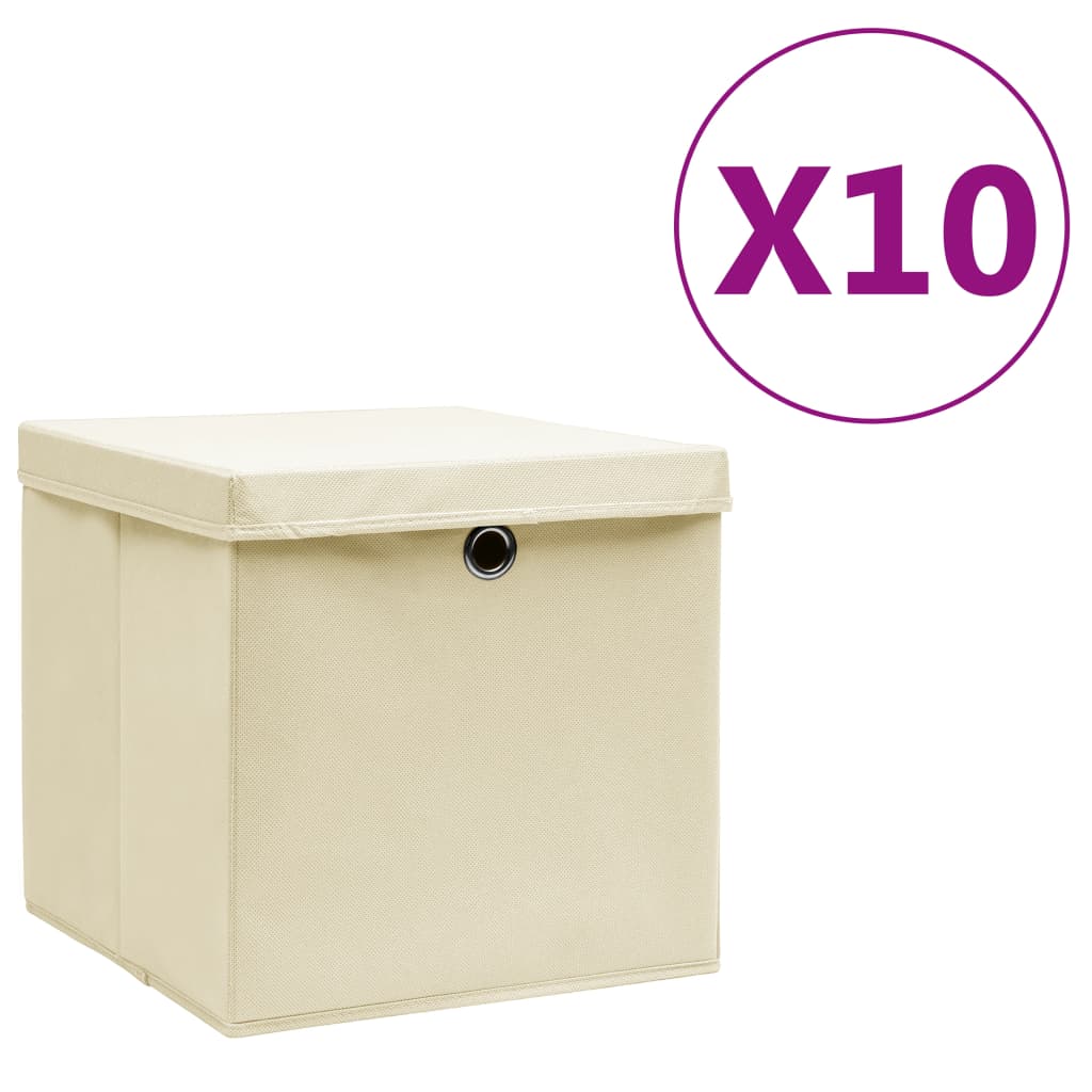 Opbergboxen met deksel 10 st 28x28x28 cm crèmekleurig is nu te koop bij PeponiXL, paradijselijk wonen!