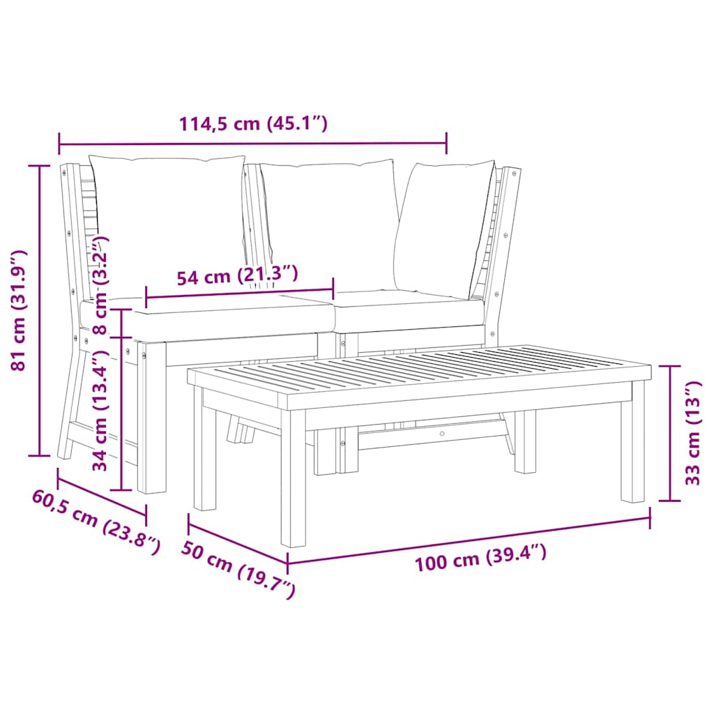 3-delige Loungeset met crèmekleurige kussens massief acaciahout is nu te koop bij PeponiXL, paradijselijk wonen!