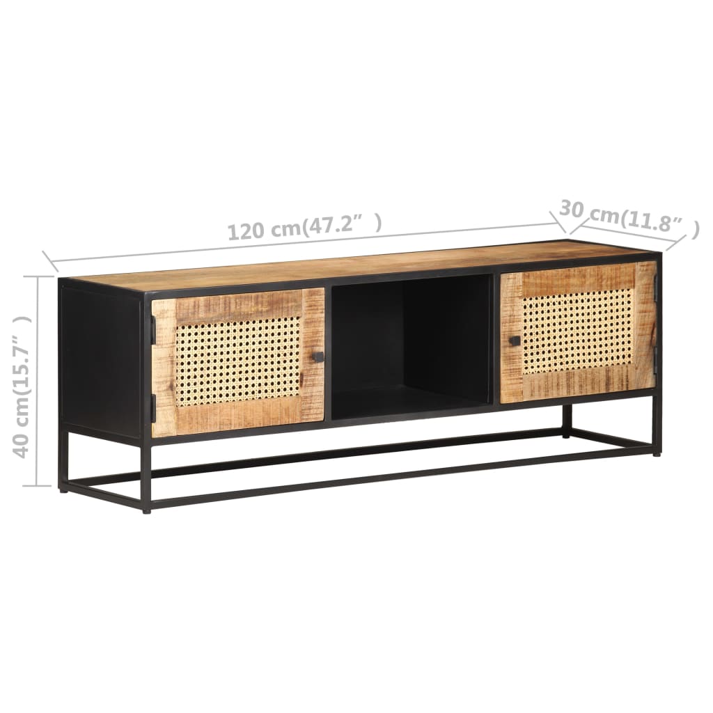 Tv-meubel 120x30x40 cm ruw mangohout en natuurlijk riet