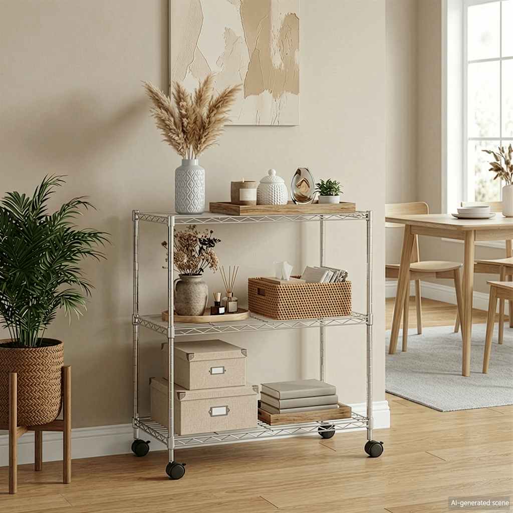 Opbergrek met wielen 3-laags 150 kg 60x35x81 cm chroomkleurig is nu te koop bij PeponiXL, paradijselijk wonen!
