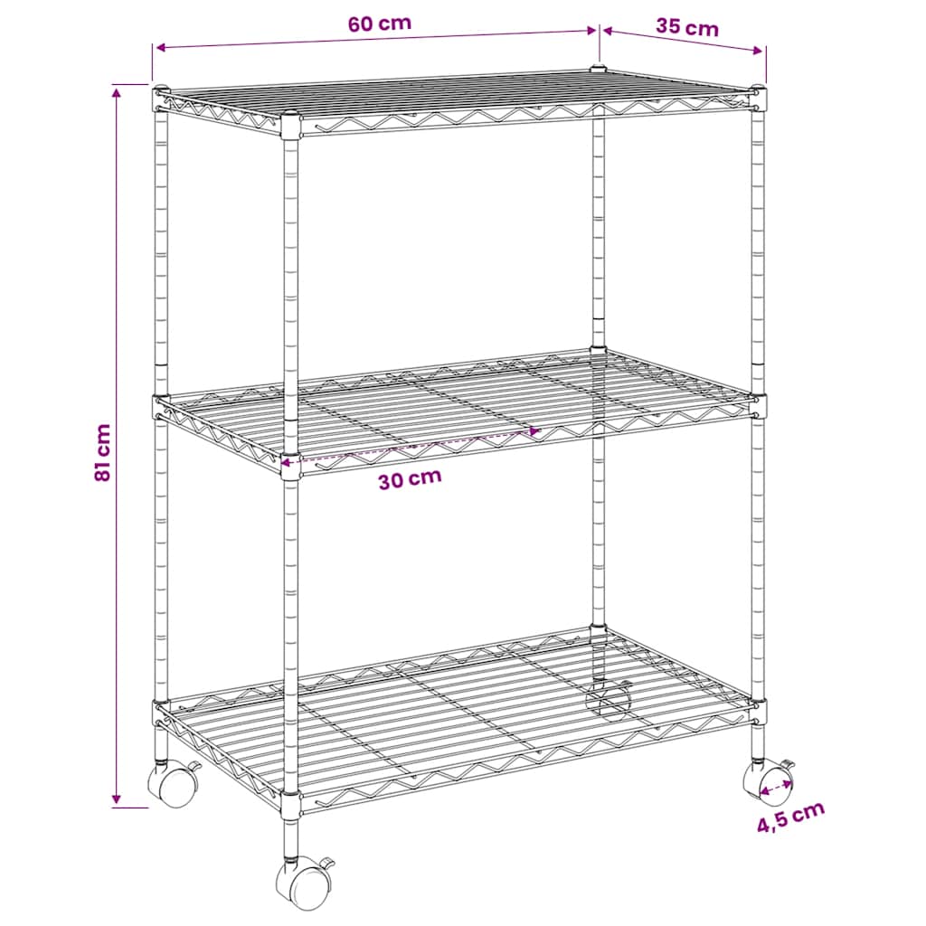 Opbergrek met wielen 3-laags 60x35x81 cm 150 kg zwart is nu te koop bij PeponiXL, paradijselijk wonen!