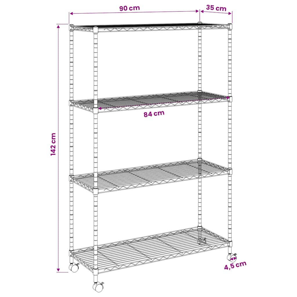 Opbergrek 4-laags met wielen 200 kg 90x35x142 cm zwart is nu te koop bij PeponiXL, paradijselijk wonen!