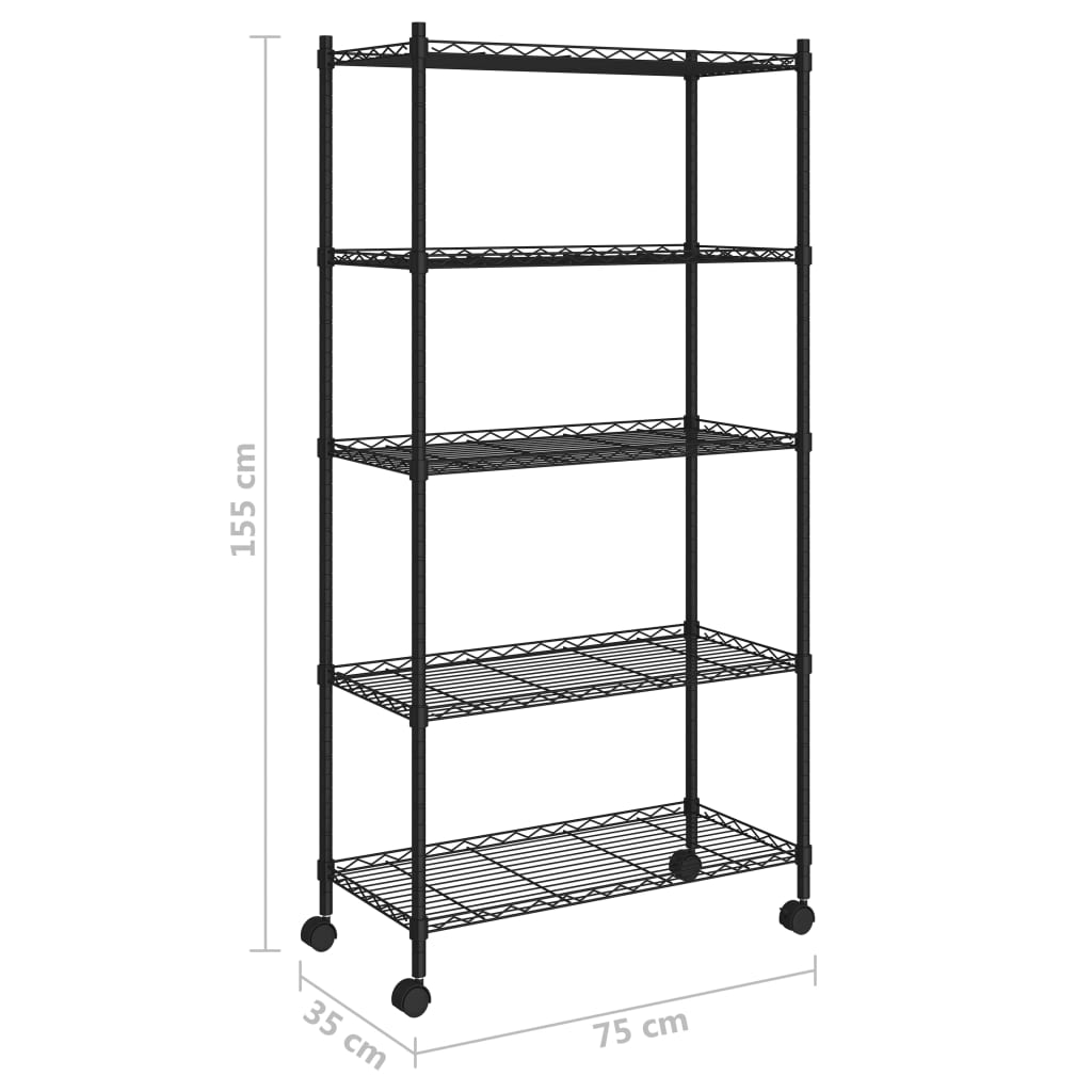 Opbergrek 5-laags met wielen 250 kg 75x35x155 cm zwart is nu te koop bij PeponiXL, paradijselijk wonen!