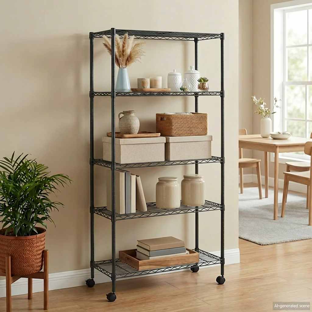Opbergrek 5-laags met wielen 250 kg 75x35x155 cm zwart is nu te koop bij PeponiXL, paradijselijk wonen!