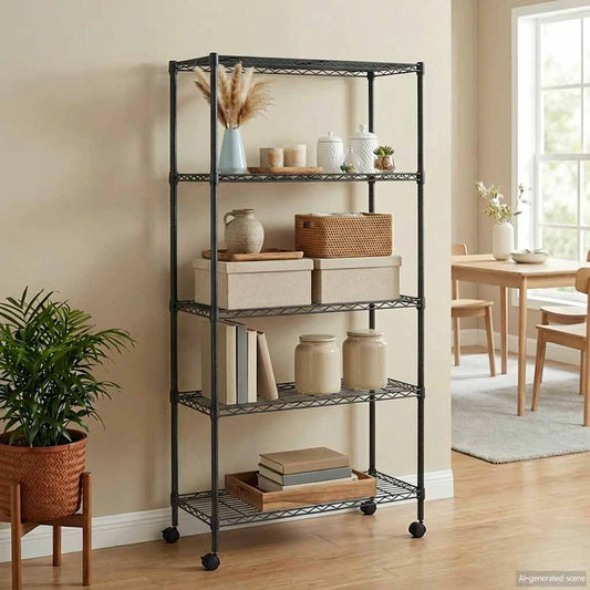 Opbergrek 5-laags met wielen 250 kg 75x35x155 cm zwart is nu te koop bij PeponiXL, paradijselijk wonen!