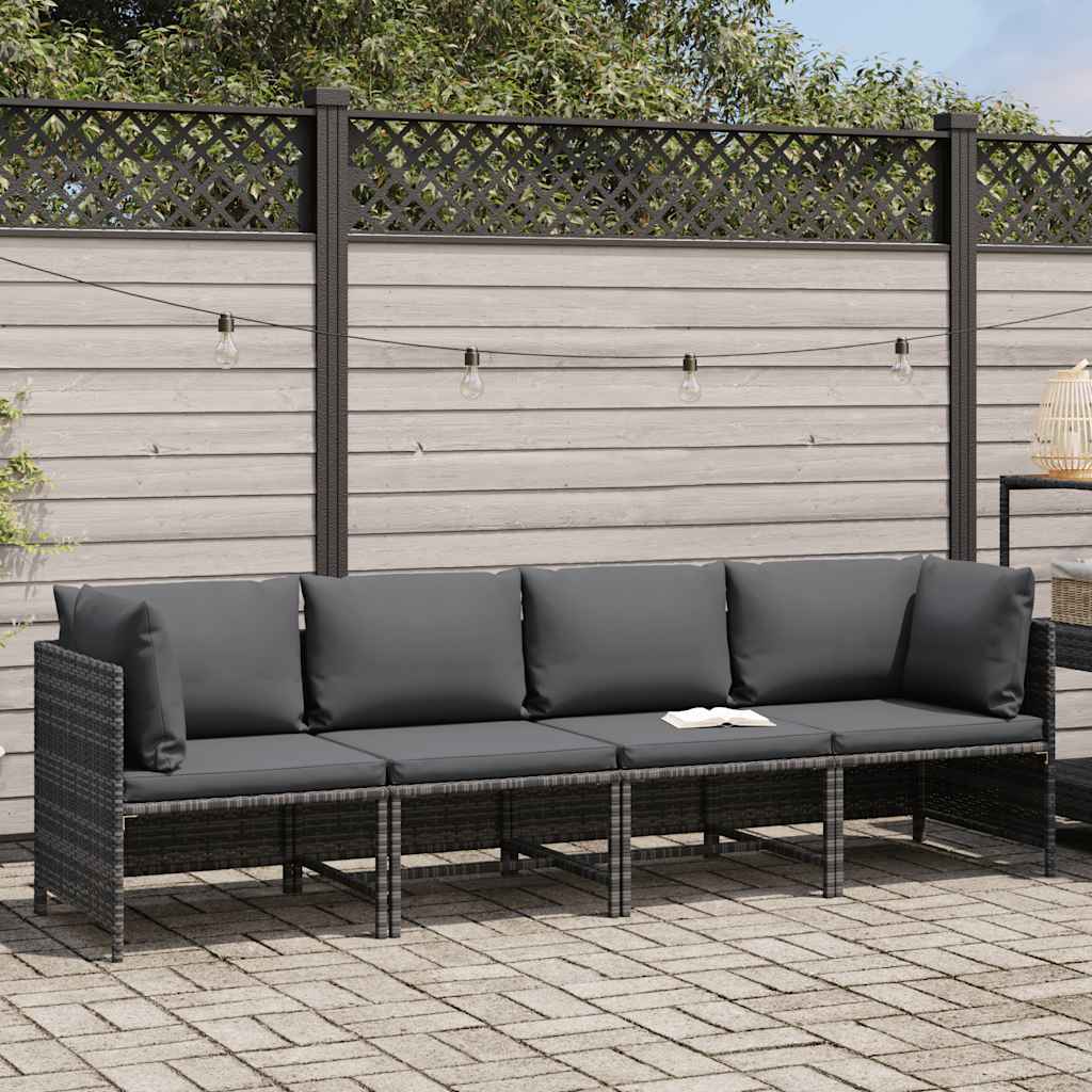 Tuinbank 4-zits met kussens poly rattan grijs