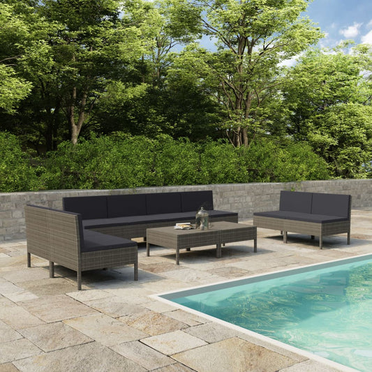 10-delige Loungeset met kussens poly rattan grijs is nu te koop bij PeponiXL, paradijselijk wonen!