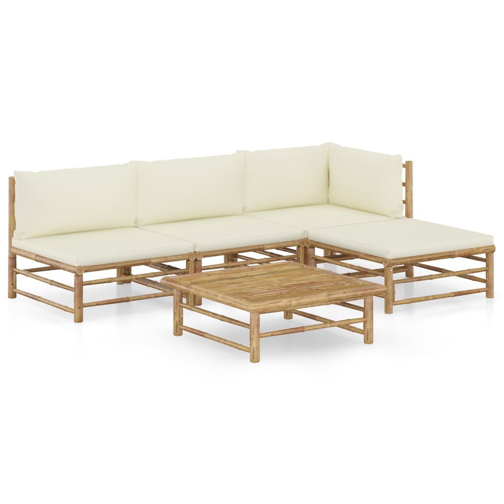5-delige Loungeset met crèmewitte kussens bamboe is nu te koop bij PeponiXL, paradijselijk wonen!
