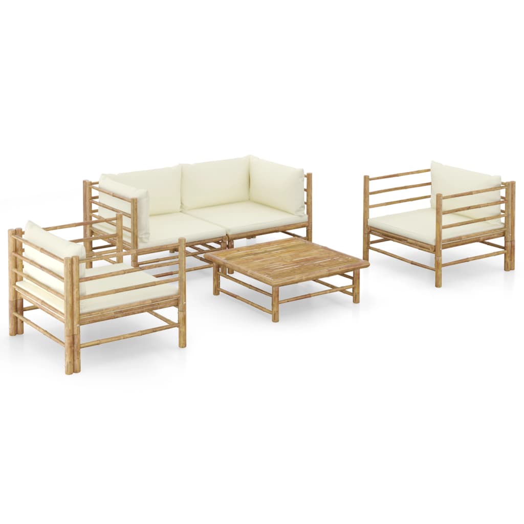5-delige Loungeset met crèmewitte kussens bamboe is nu te koop bij PeponiXL, paradijselijk wonen!