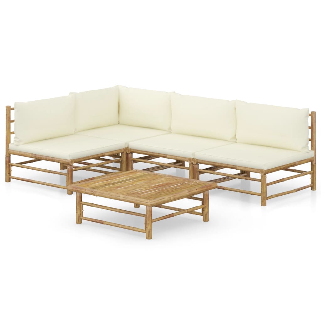5-delige Loungeset met crèmewitte kussens bamboe is nu te koop bij PeponiXL, paradijselijk wonen!