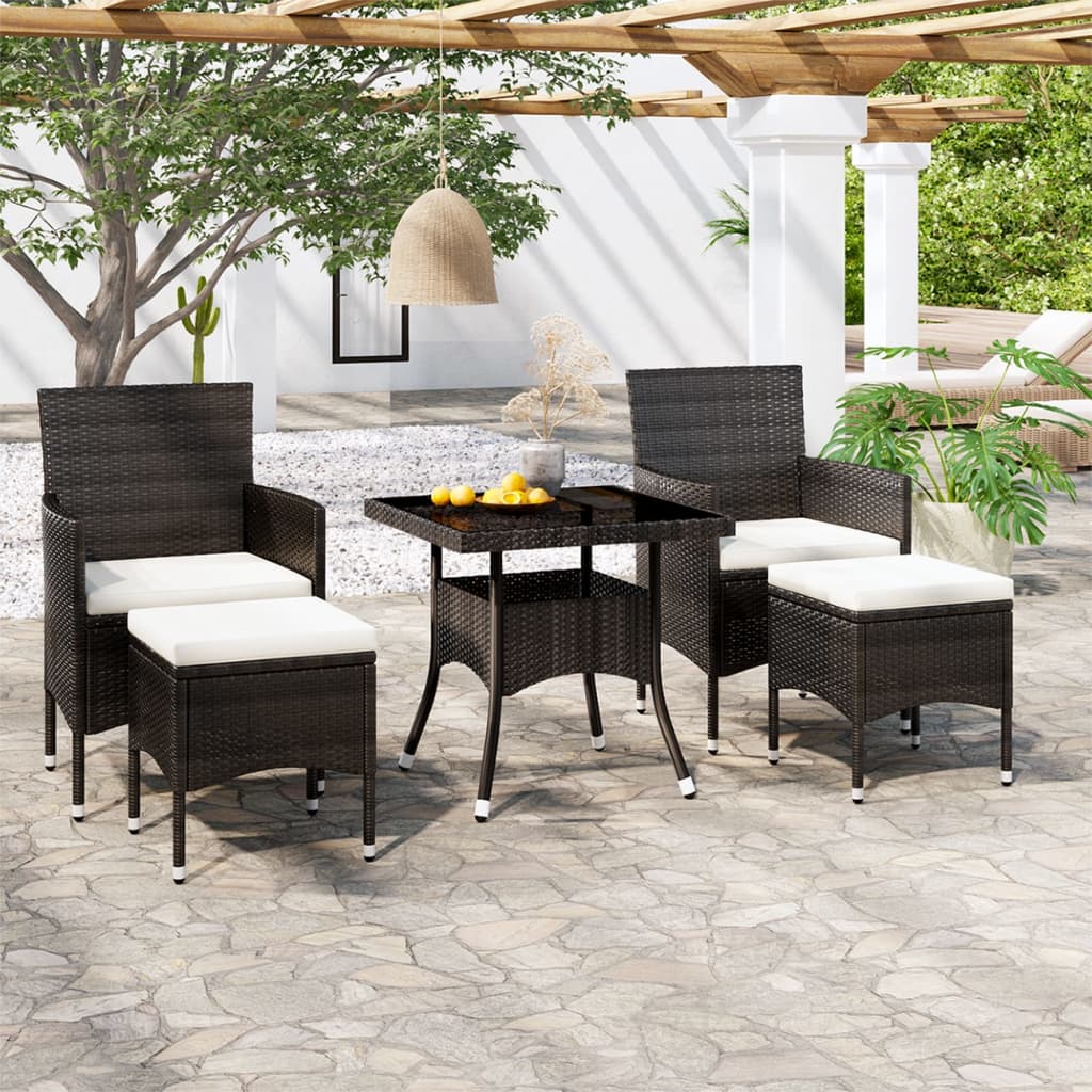 5-delige Tuinset poly rattan en gehard glas zwart