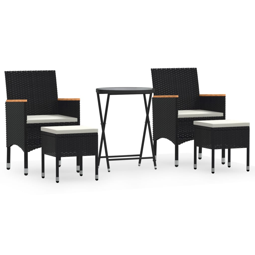 5-delige Bistroset poly rattan en gehard glas zwart