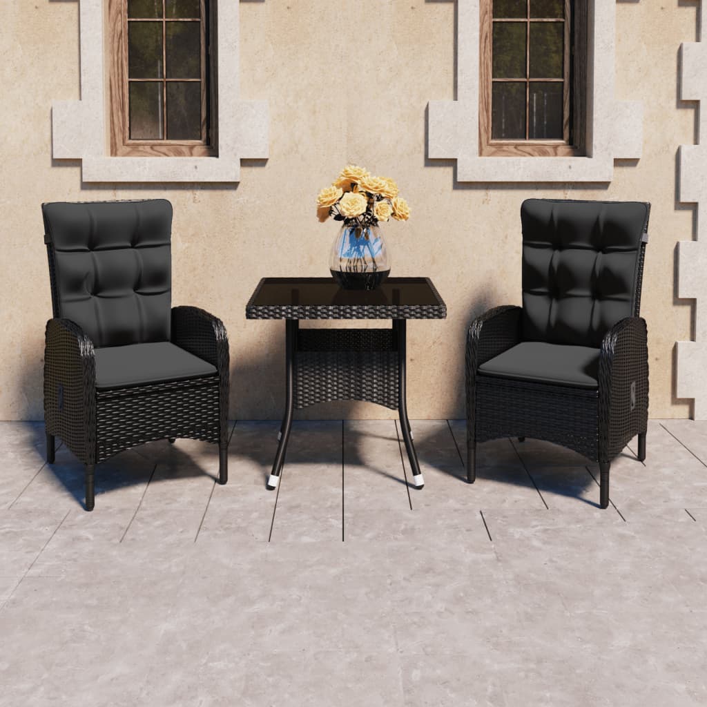 3-delige Tuinset poly rattan en glas zwart