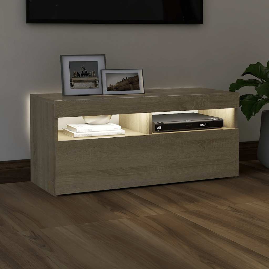 Tv-meubel met LED-verlichting 90x35x40 cm sonoma eikenkleurig is nu te koop bij PeponiXL, paradijselijk wonen!