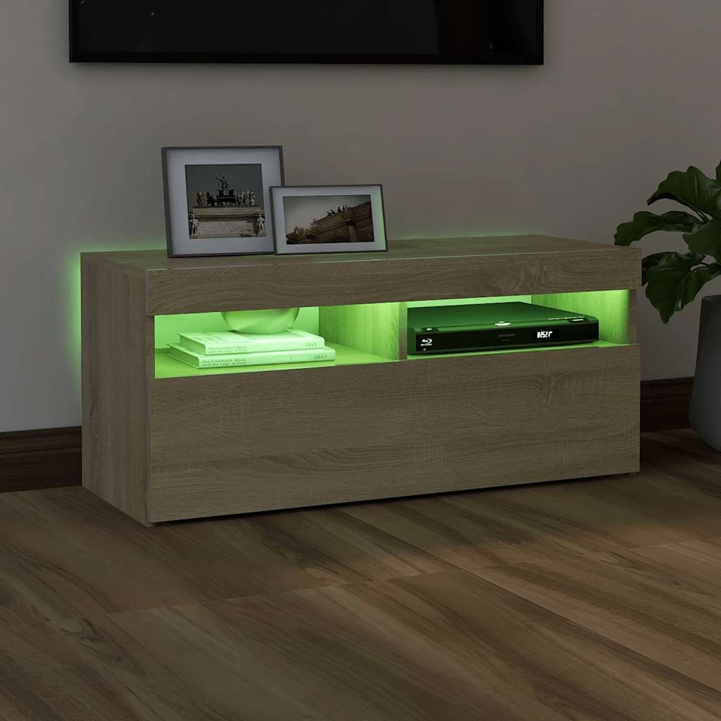 Tv-meubel met LED-verlichting 90x35x40 cm sonoma eikenkleurig is nu te koop bij PeponiXL, paradijselijk wonen!