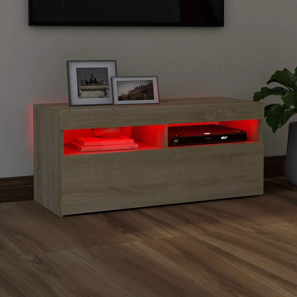 Tv-meubel met LED-verlichting 90x35x40 cm sonoma eikenkleurig is nu te koop bij PeponiXL, paradijselijk wonen!