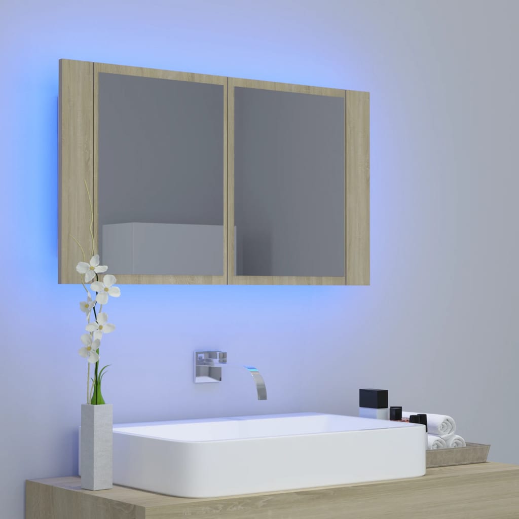 Badkamerkast met spiegel LED 80x12x45 acryl sonoma eikenkleurig is nu te koop bij PeponiXL, paradijselijk wonen!