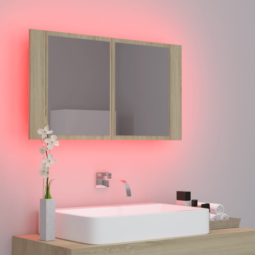 Badkamerkast met spiegel LED 80x12x45 acryl sonoma eikenkleurig is nu te koop bij PeponiXL, paradijselijk wonen!