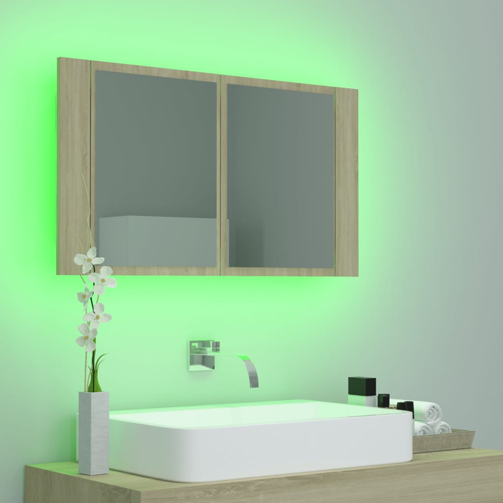 Badkamerkast met spiegel LED 80x12x45 acryl sonoma eikenkleurig is nu te koop bij PeponiXL, paradijselijk wonen!