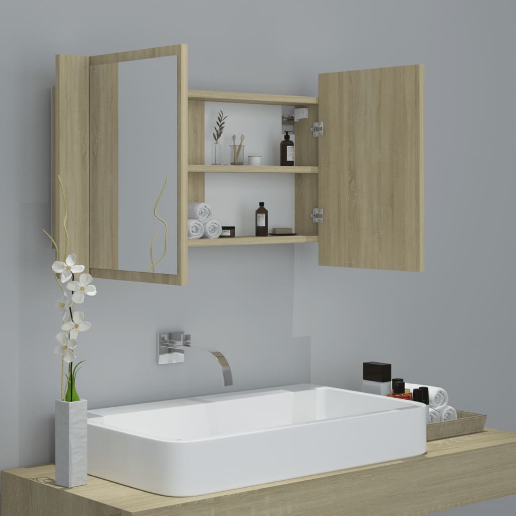 Badkamerkast met spiegel LED 80x12x45 acryl sonoma eikenkleurig is nu te koop bij PeponiXL, paradijselijk wonen!