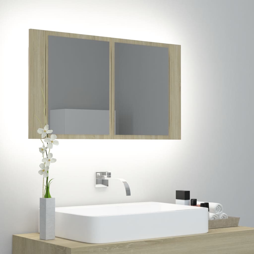 Badkamerkast met spiegel LED 80x12x45 acryl sonoma eikenkleurig is nu te koop bij PeponiXL, paradijselijk wonen!