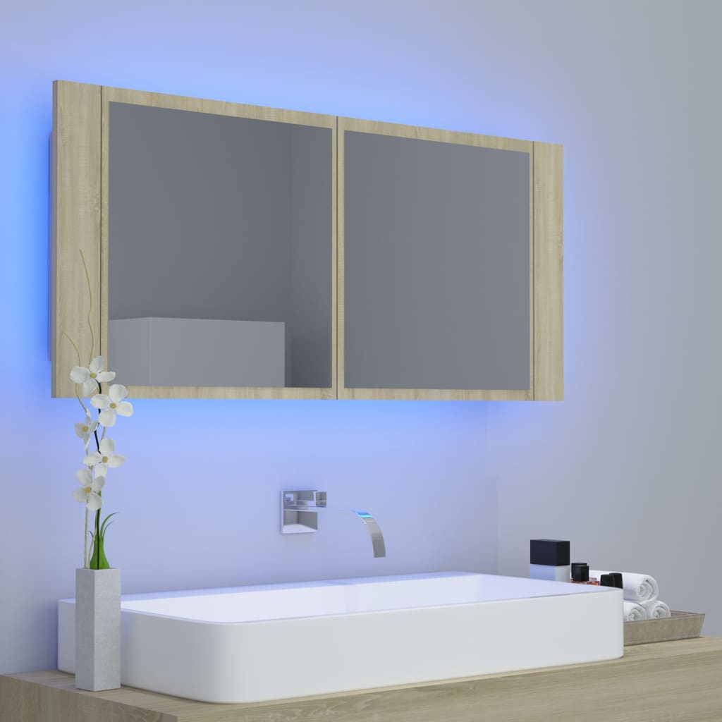 Badkamerkast met spiegel LED acryl sonoma eikenkleurig is nu te koop bij PeponiXL, paradijselijk wonen!
