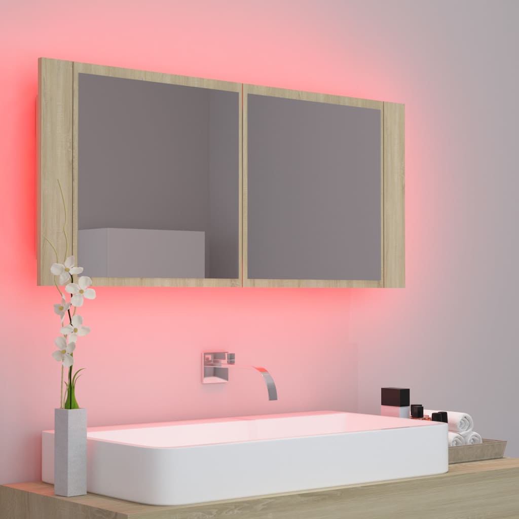 Badkamerkast met spiegel LED acryl sonoma eikenkleurig is nu te koop bij PeponiXL, paradijselijk wonen!