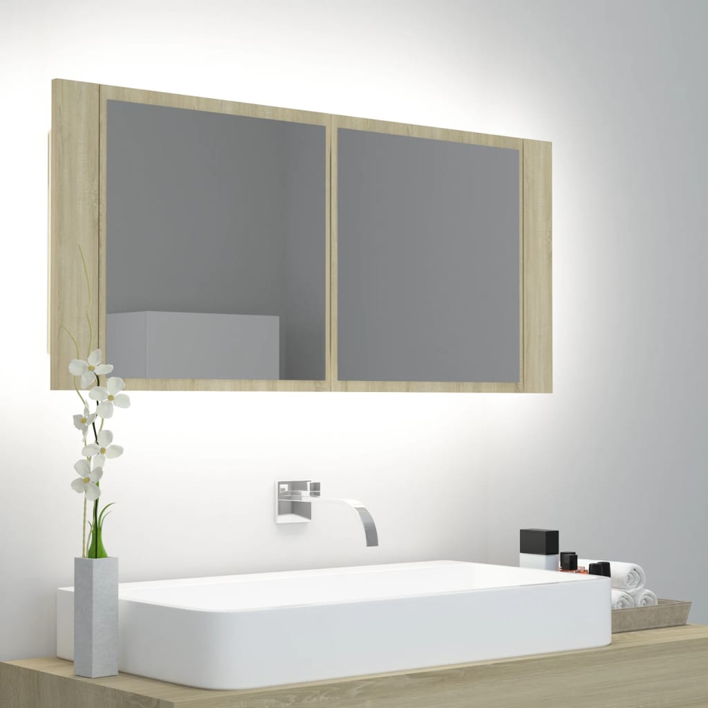 Badkamerkast met spiegel LED acryl sonoma eikenkleurig is nu te koop bij PeponiXL, paradijselijk wonen!