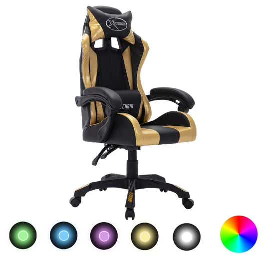 Racestoel met RGB LED-verlichting kunstleer goudkleurig en zwart is nu te koop bij PeponiXL, paradijselijk wonen!