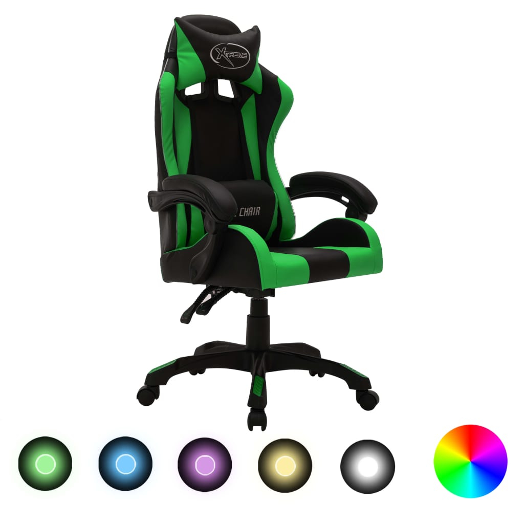 Racestoel met RGB LED-verlichting kunstleer groen en zwart is nu te koop bij PeponiXL, paradijselijk wonen!