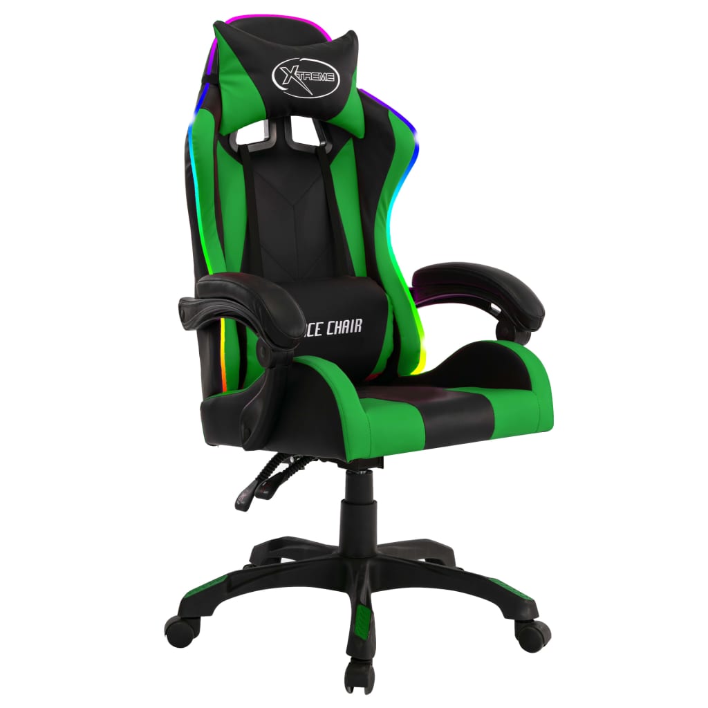 Racestoel met RGB LED-verlichting kunstleer groen en zwart is nu te koop bij PeponiXL, paradijselijk wonen!
