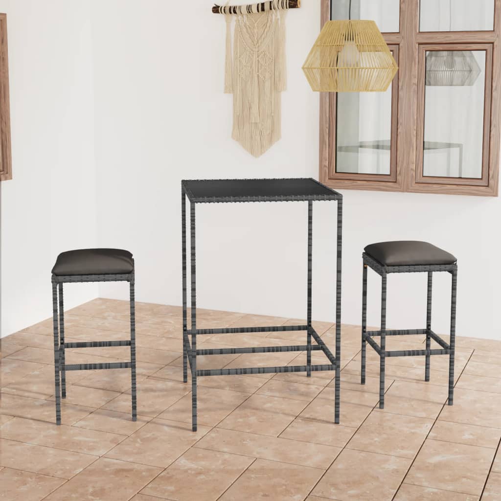 3-delige Tuinbarset met kussens poly rattan grijs is nu te koop bij PeponiXL, paradijselijk wonen!